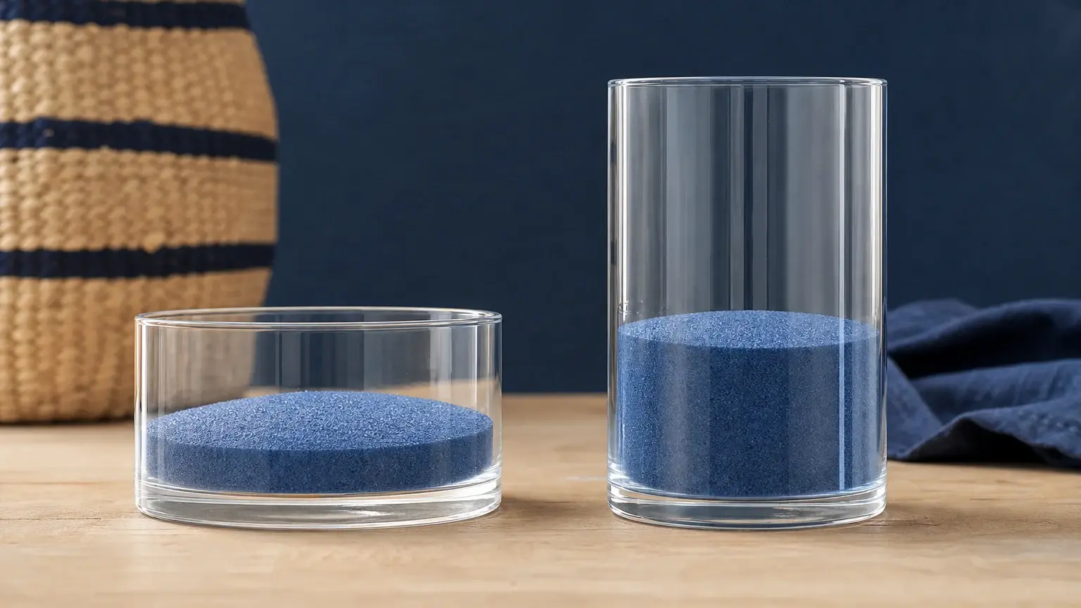 Deux verres transparents de tailles différentes contiennent chacun une quantité de poudre bleue, posés sur une table en bois.