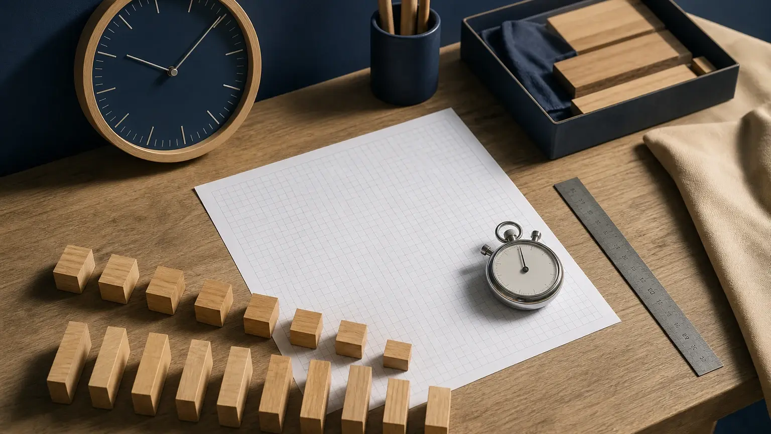 Sur un bureau en bois, une horloge et un chronomètre entourent une feuille quadrillée, des cubes et des barrettes en bois, avec une règle.