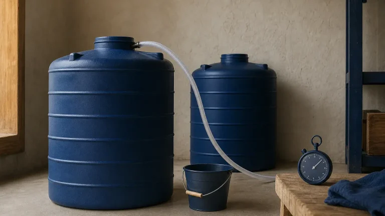 Deux réservoirs bleus reliés par un tuyau transparent, avec un seau noir et une horloge posés au sol.