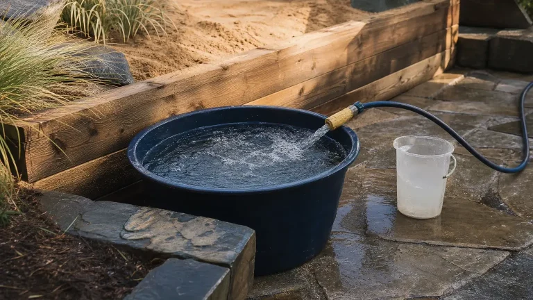 Un tuyau verse de l’eau dans un bassin noir posé sur une terrasse, à côté d’un récipient transparent, dans un jardin.