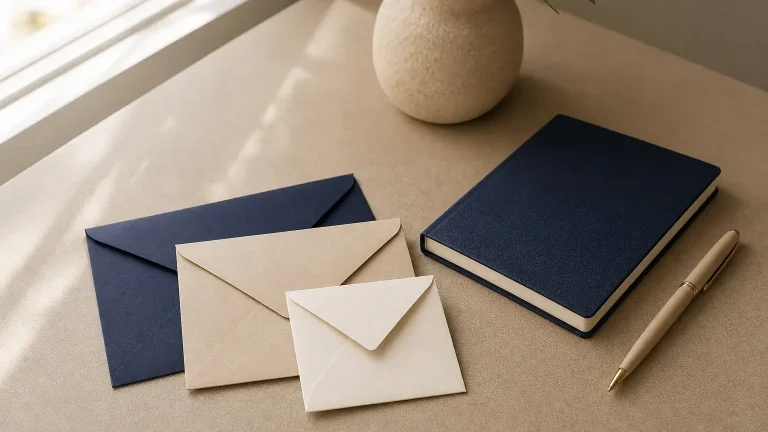 Trois enveloppes, un carnet bleu et un stylo doré sont disposés sur une table près d’un vase rond.