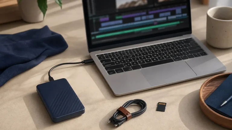 Ordinateur portable affichant une timeline de montage vidéo, relié à un disque dur externe, avec une carte mémoire et un câble posés sur le bureau.
