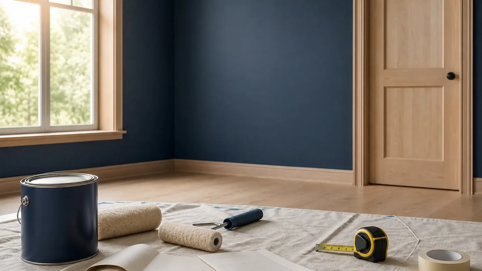 Pièce aux murs bleu foncé avec une fenêtre et une porte en bois, tandis qu’un pot de peinture, des rouleaux et un mètre sont au sol.