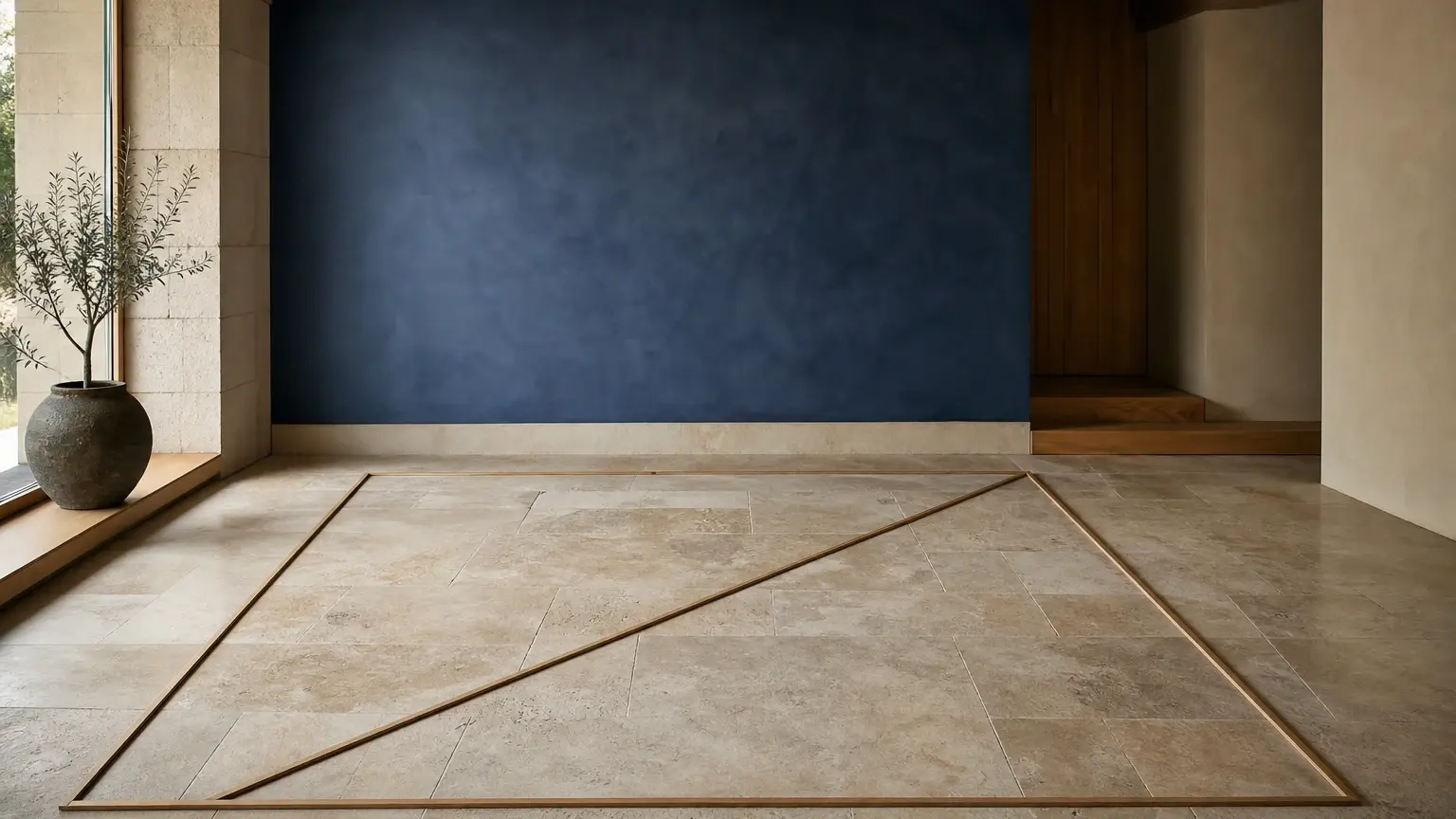 Sol carrelé d’une pièce, avec des baguettes en bois délimitant une forme polygonale irrégulière au premier plan.