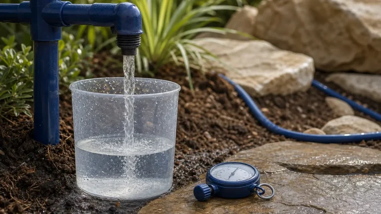 Un tuyau bleu verse de l’eau dans un récipient transparent posé au jardin, à côté d’un chronomètre sur une pierre.