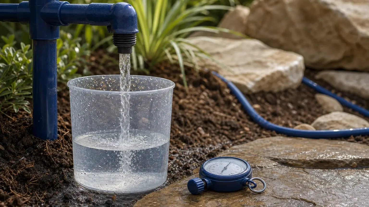 Un tuyau bleu verse de l’eau dans un récipient transparent posé au jardin, à côté d’un chronomètre sur une pierre.