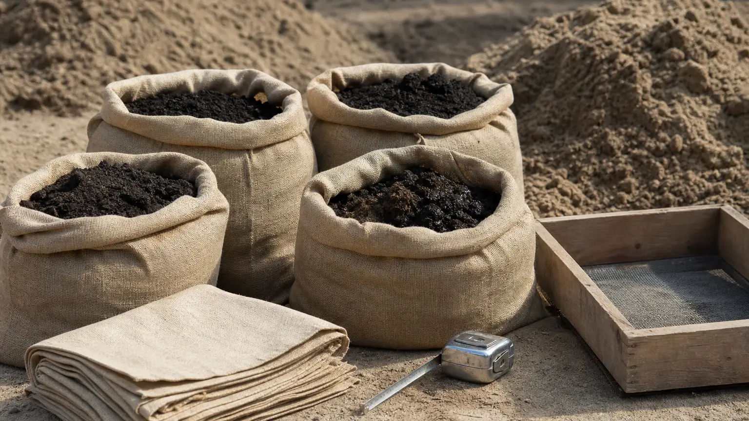 Quatre sacs en toile remplis de terre noire sont posés devant des tas de sable, avec une toile pliée, un mètre et un tamis en bois.