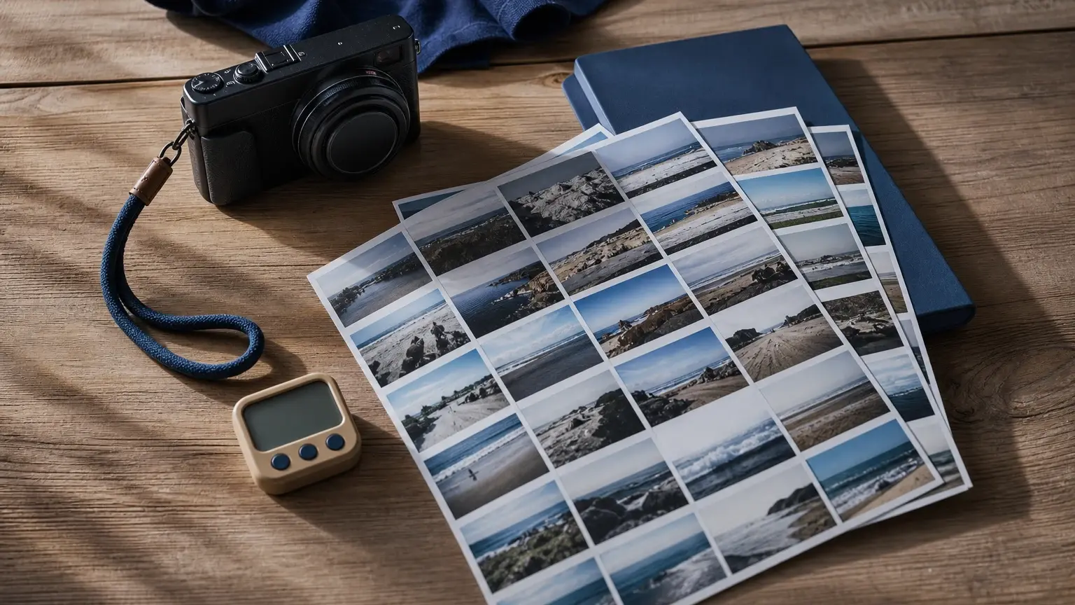 Appareil photo compact posé sur une table en bois, avec une série de photos imprimées montrant des paysages côtiers et un petit minuteur.