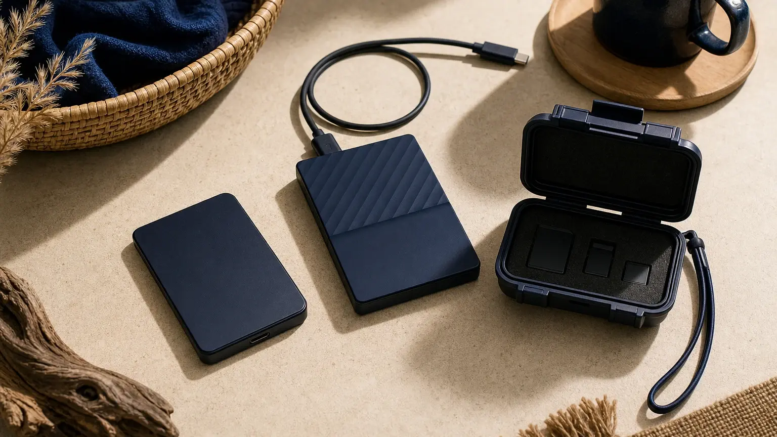 Deux disques externes et un boîtier contenant trois supports rectangulaires sont disposés sur une table, avec un câble USB.