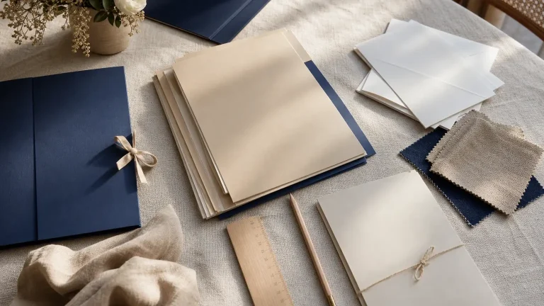 Sur une table claire, des carnets et enveloppes ivoire et bleu marine côtoient un crayon, une règle, des échantillons de tissu et des fleurs.