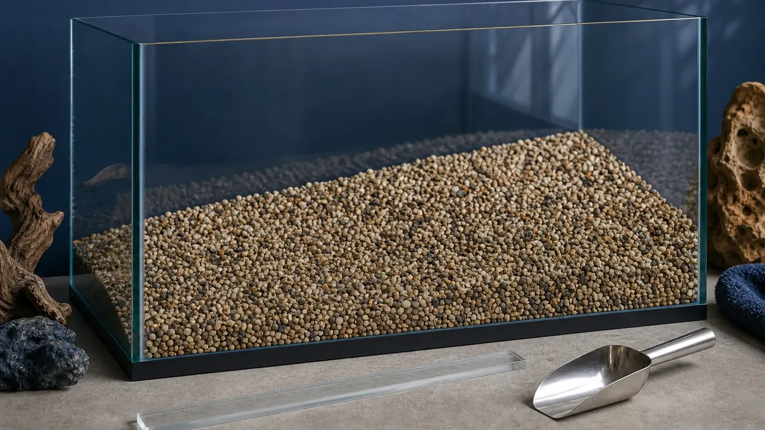 Aquarium en verre contenant un lit de graviers incliné, avec une règle transparente et une pelle métallique posées devant.