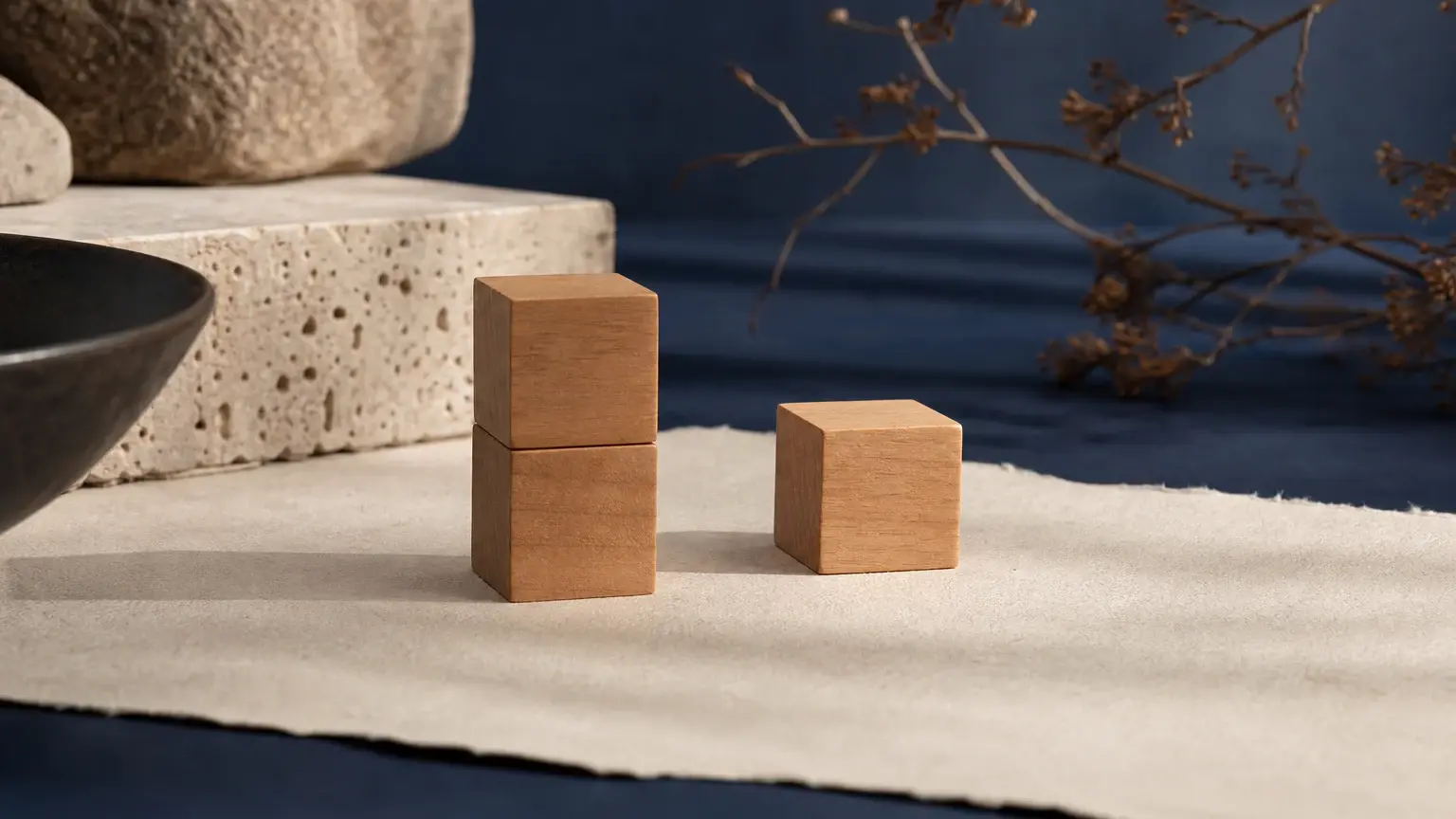 Deux cubes en bois empilés côtoient un troisième cube isolé sur une surface claire, dans une scène éclairée avec des pierres et des branches en arrière-plan.