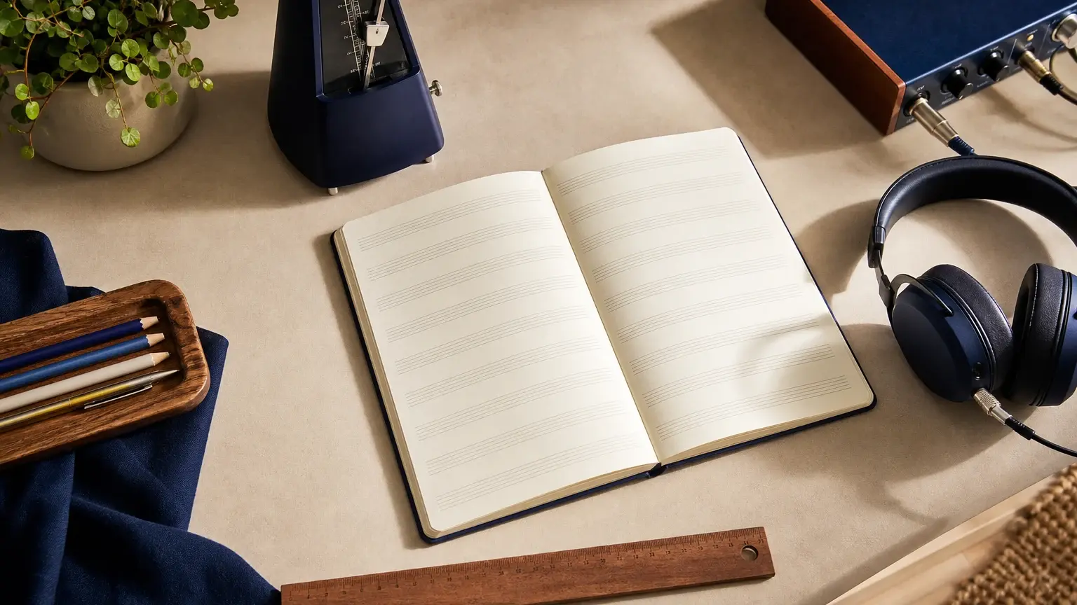 Cahier de musique vierge ouvert sur une table, entouré d’un métronome, d’un casque audio, d’un appareil audio et de crayons.