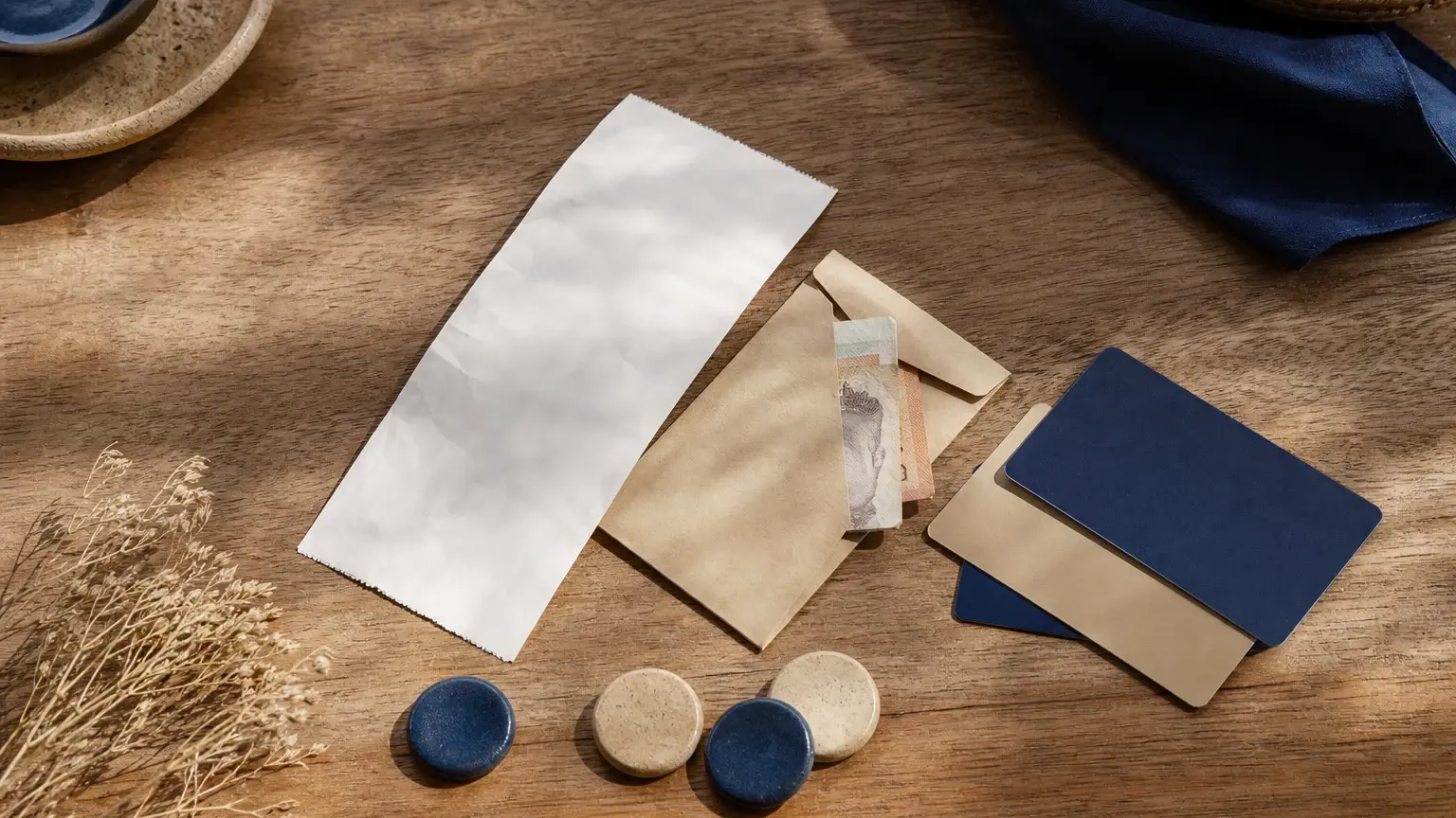 Sur une table en bois, des enveloppes, des billets de banque, une feuille blanche et plusieurs jetons sont disposés.