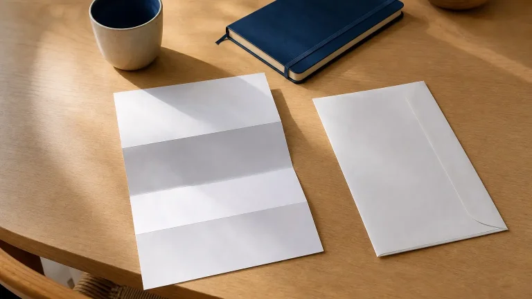 Deux feuilles blanches et une enveloppe sont posées sur une table en bois, près d’un carnet bleu et d’une tasse.