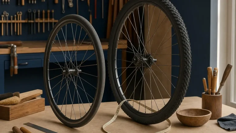 Deux roues de vélo de tailles différentes sont posées sur un établi, avec un mètre ruban et des outils dans un atelier.
