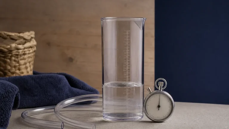 Éprouvette graduée, tuyau transparent et chronomètre posés sur une table, illustrant la mesure d’un débit de liquide.