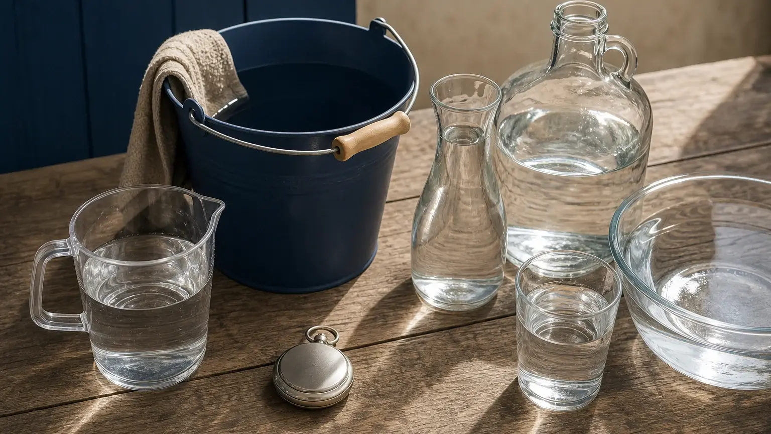 Seau, carafes et verres remplis d’eau entourent un chronomètre sur une table en bois, pour comparer des mesures de débit.