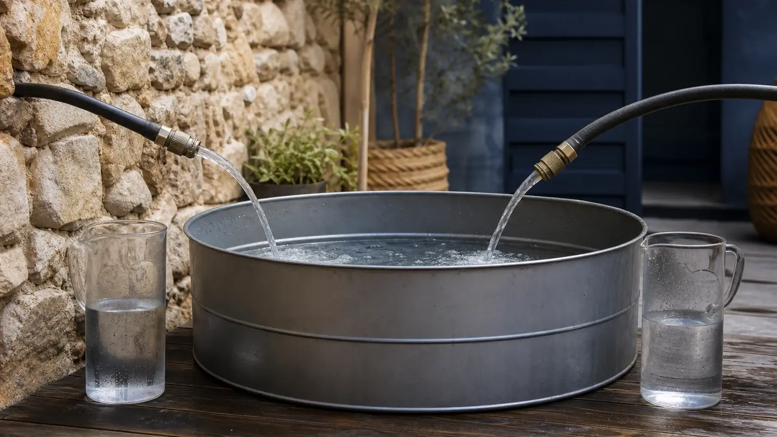 Un réservoir métallique se remplit sous deux tuyaux d’eau, avec un verre posé de chaque côté sur une table en bois.