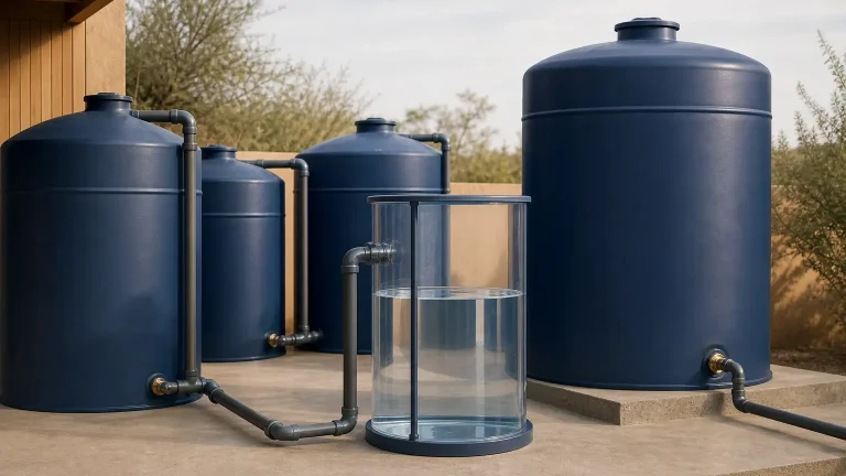 Quatre réservoirs cylindriques bleus reliés par des tuyaux entourent un récipient transparent partiellement rempli d’eau.